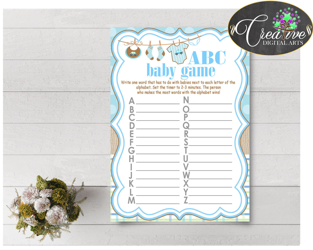 Baby Shower ABC's game with boy clothesline and blue color theme printable, digital file, Jpg and Pdf, instant download - bc001