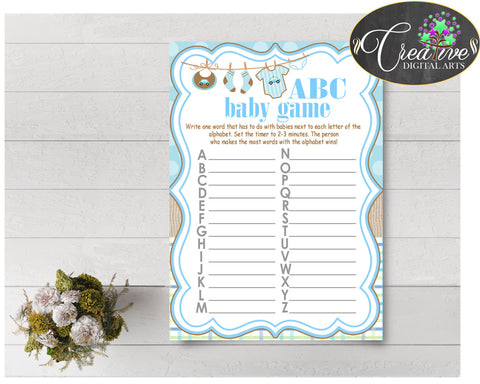 Baby Shower ABC's game with boy clothesline and blue color theme printable, digital file, Jpg and Pdf, instant download - bc001