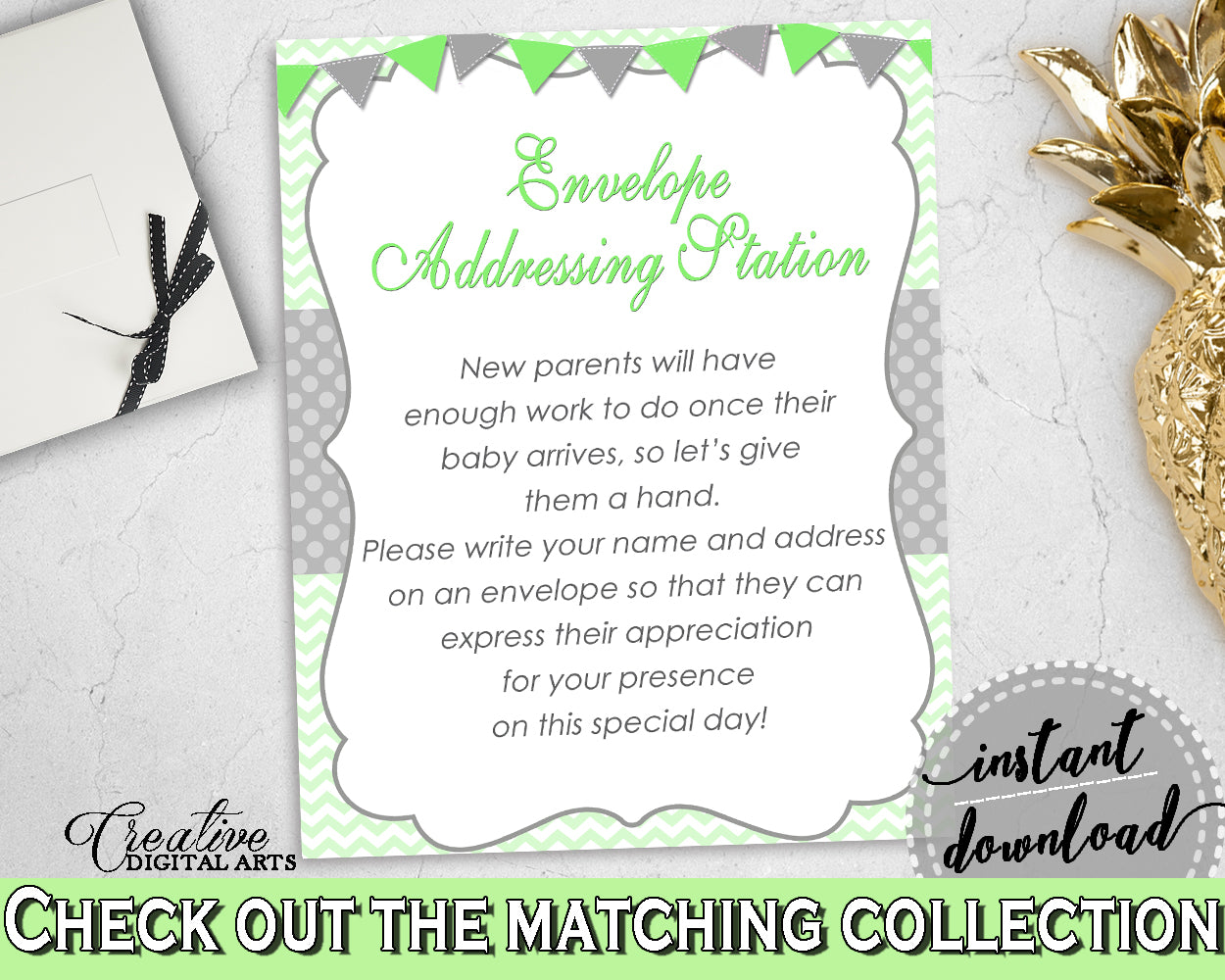 ENVELOPE ADDRESSING STATION baby shower sign with green chevron theme for girl or boy shower, digital file Jpg Pdf, instant download - cgr01