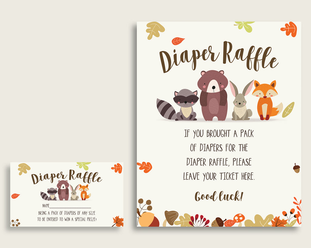 Woodland Baby Shower Diaper Raffle Tickets Game, Gender Neutral Brown Beige Diaper Raffle Card Insert and Sign Printable, Instant w0001