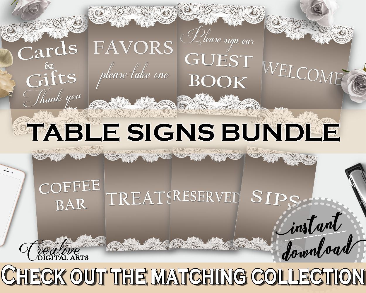 Table Signs Bundle in Traditional Lace Bridal Shower Brown And Silver Theme, table signs pack, silver lace theme, digital print - Z2DRE - Digital Product