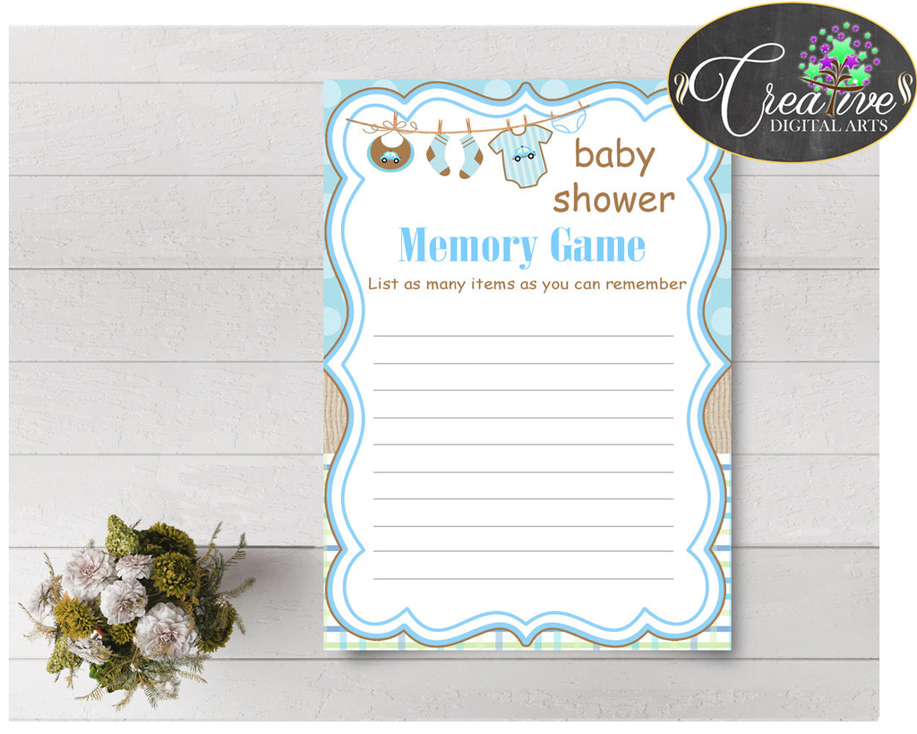 Baby Shower MEMORY game with boy clothes and blue color theme printable, digital file, instant download - bc001