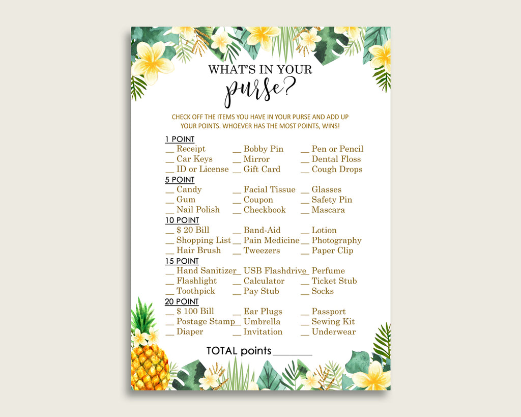 Tropical What's In Your Purse Game Printable, Green Yellow Whats In Your Purse, Gender Neutral Baby Shower Purse Game, Instant 4N0VK