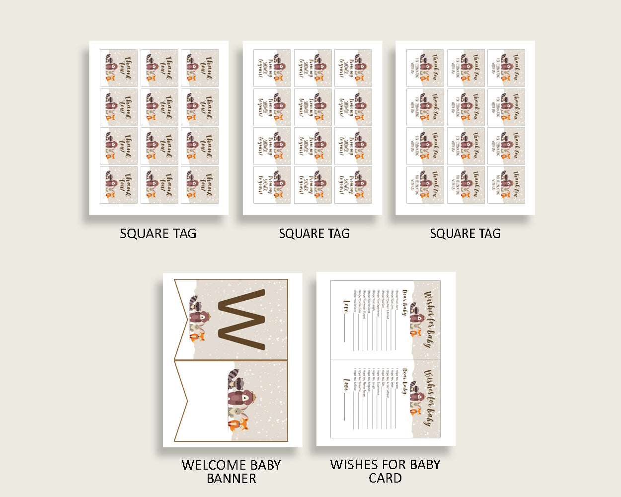 Beige Brown Baby Shower Decorations Gender Neutral Kit, Winter Woodland Baby Shower Party Package Printable, Instant Download, RM4SN