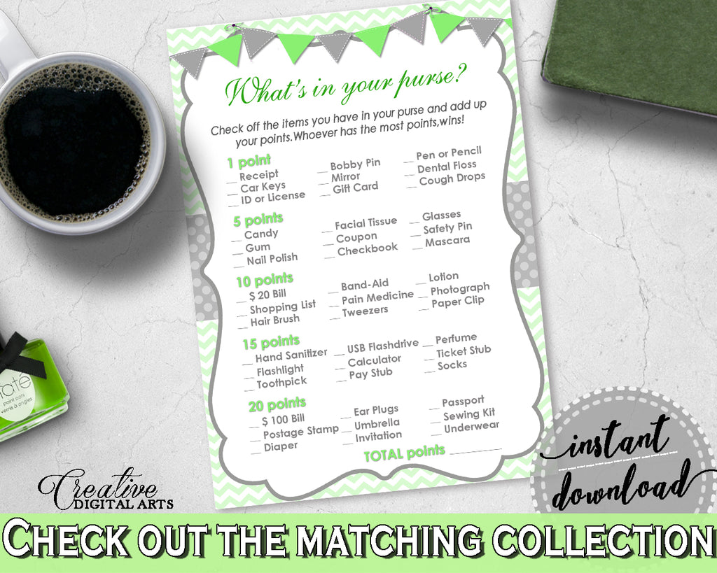 WHAT'S In YOUR PURSE baby shower game with chevron green color theme printable, digital Jpg Pdf, instant download - cgr01