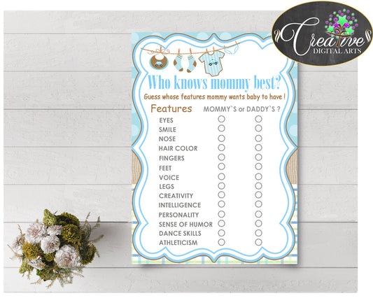 Who KNOWS MOMMY BEST baby shower game with boy clothes and blue color theme printable, instant download - bc001