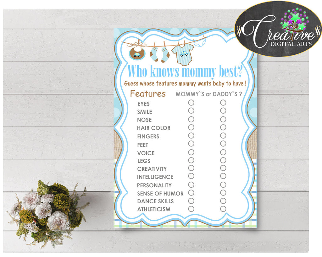 Who KNOWS MOMMY BEST baby shower game with boy clothes and blue color theme printable, instant download - bc001