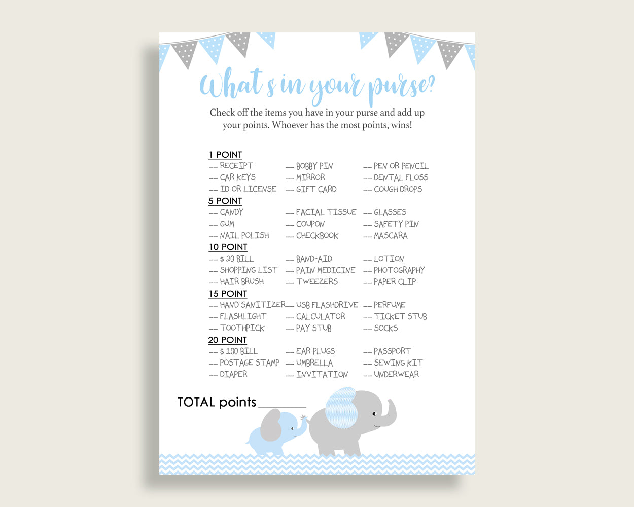 Elephant What's In Your Purse Game Printable, Blue Grey Whats In Your Purse, Boy Baby Shower Purse Game, Instant Download, ebl02