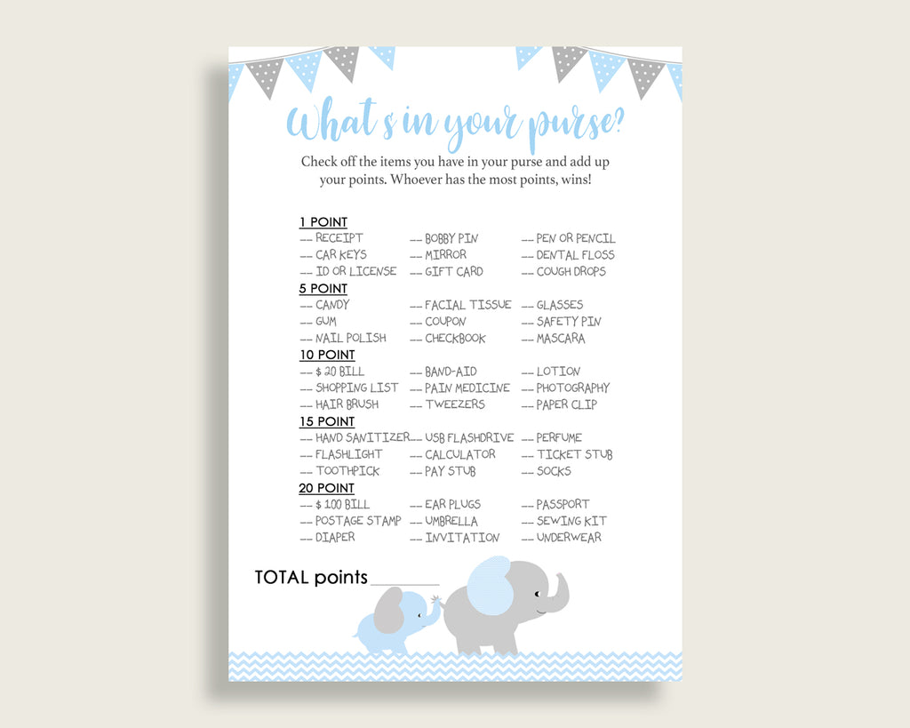 Elephant What's In Your Purse Game Printable, Blue Grey Whats In Your Purse, Boy Baby Shower Purse Game, Instant Download, ebl02