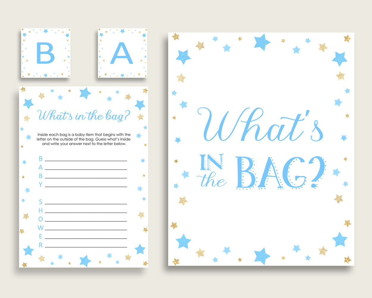 Stars Baby Shower What's In The Bag Game, Blue Gold Boy Bag Game Printable, Instant Download, Most Popular Little Star bsr01