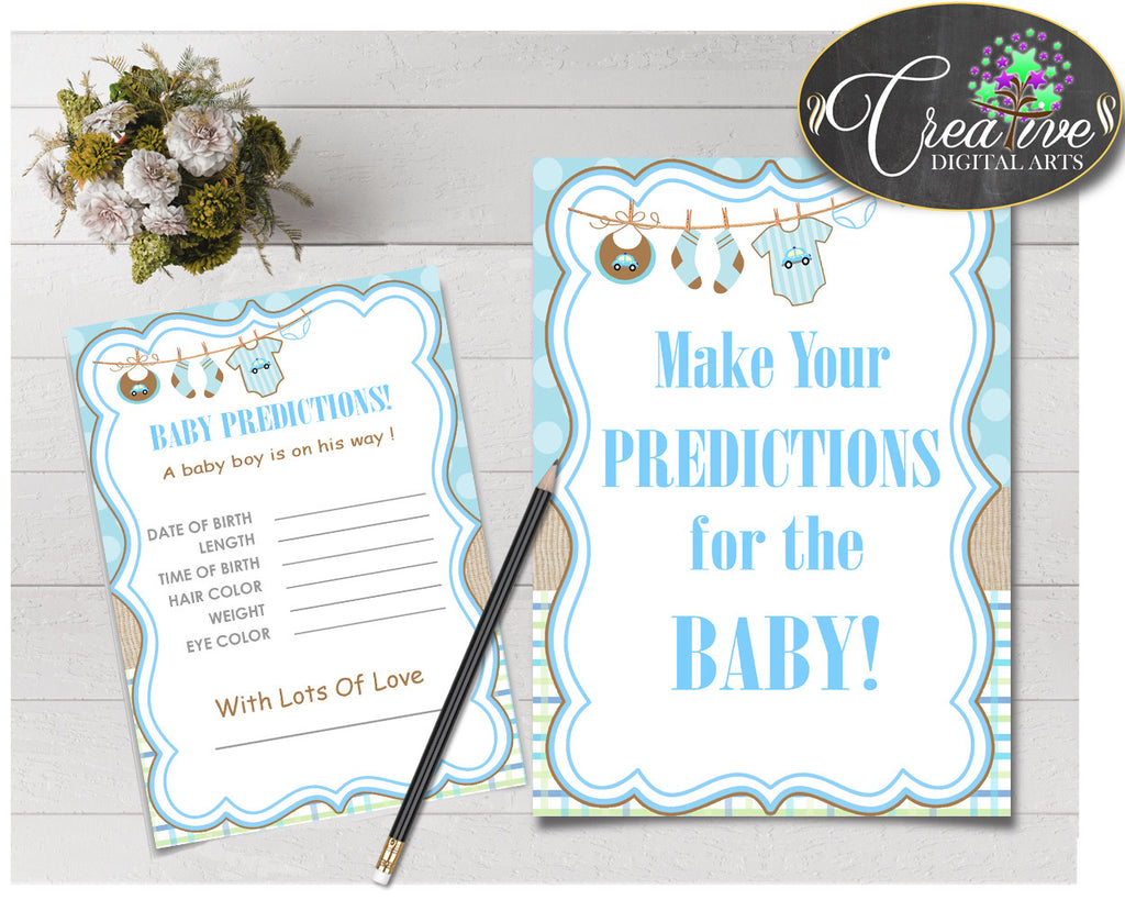 PREDICTIONS FOR BABY sign and cards activity printable for baby shower with blue clotheline and blue color theme, instant download - bc001