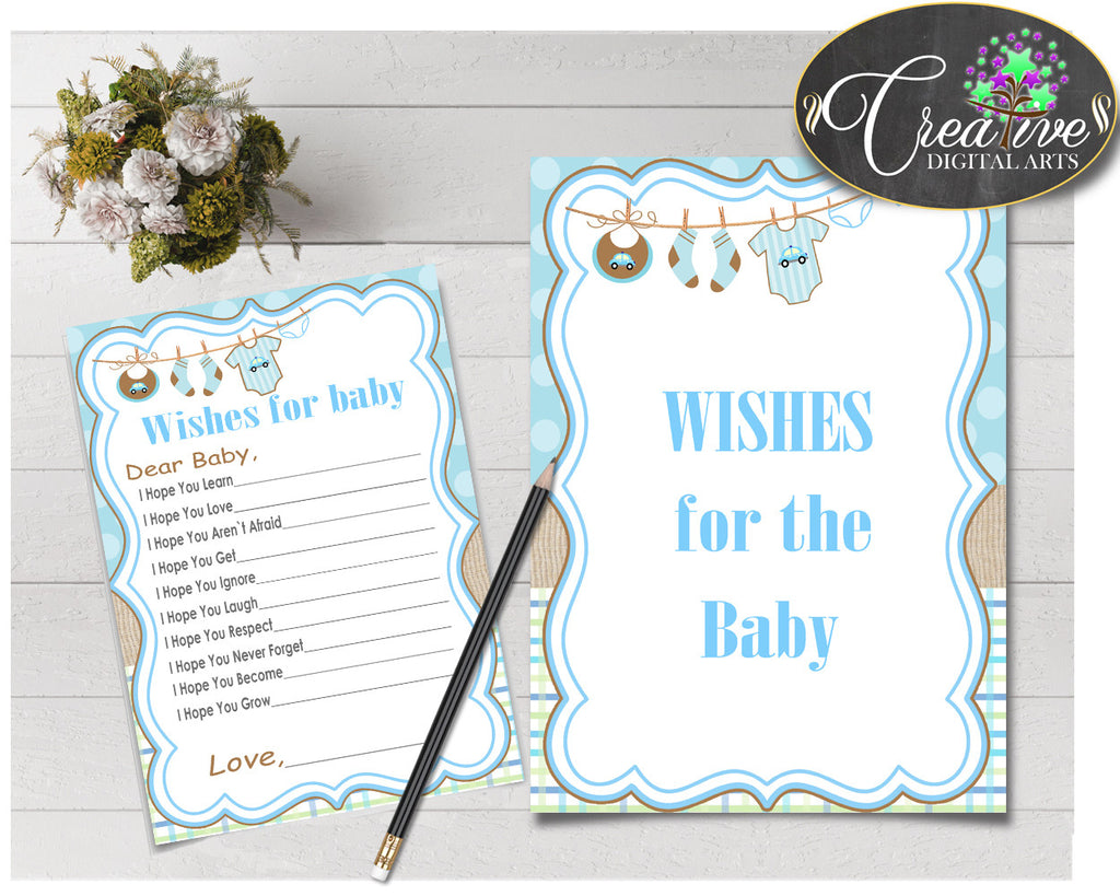 WISHES FOR BABY activity advice for baby shower with boy clothes and blue color theme printable, Jpg Pdf, instant download - bc001