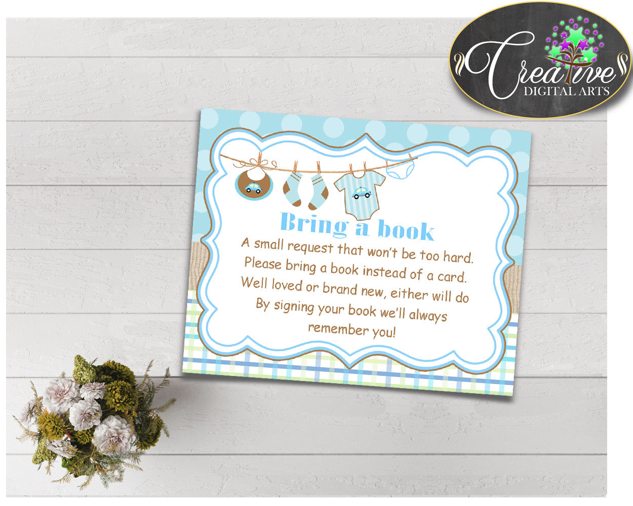 Baby shower BRING A BOOK insert cards printable for baby shower with baby boy clothesline and blue color theme, instant download - bc001