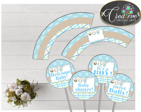 Baby shower CUPCAKE TOPPERS and cupcake WRAPPERS printable with boy blue cloth and blue color theme for boys, instant download - bc001