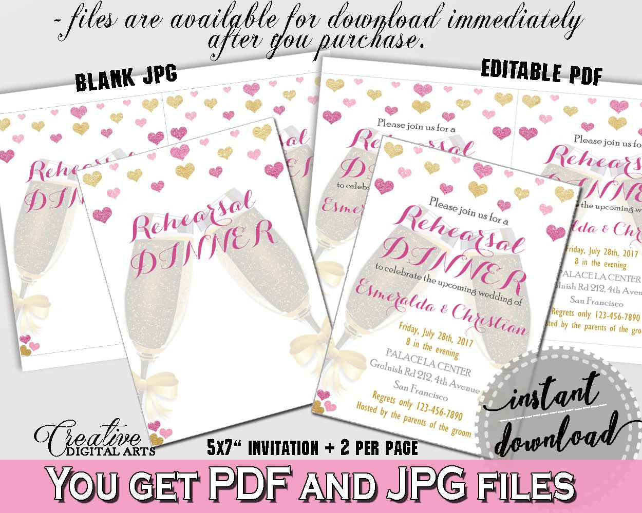 Gold And Pink Glitter Hearts Bridal Shower Theme: Rehearsal Dinner Invitation Editable - bridal rehearsal,  fondness bridal, prints - WEE0X - Digital Product