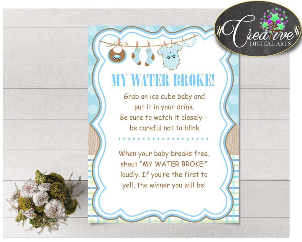 MY WATER BROKE baby shower game with boy clothes and blue color theme, instant download - bc001