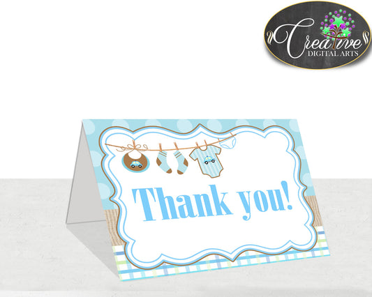 Baby shower THANK YOU card printable with boy clothesline and blue color theme for boys, digital jpg pdf, instant download - bc001