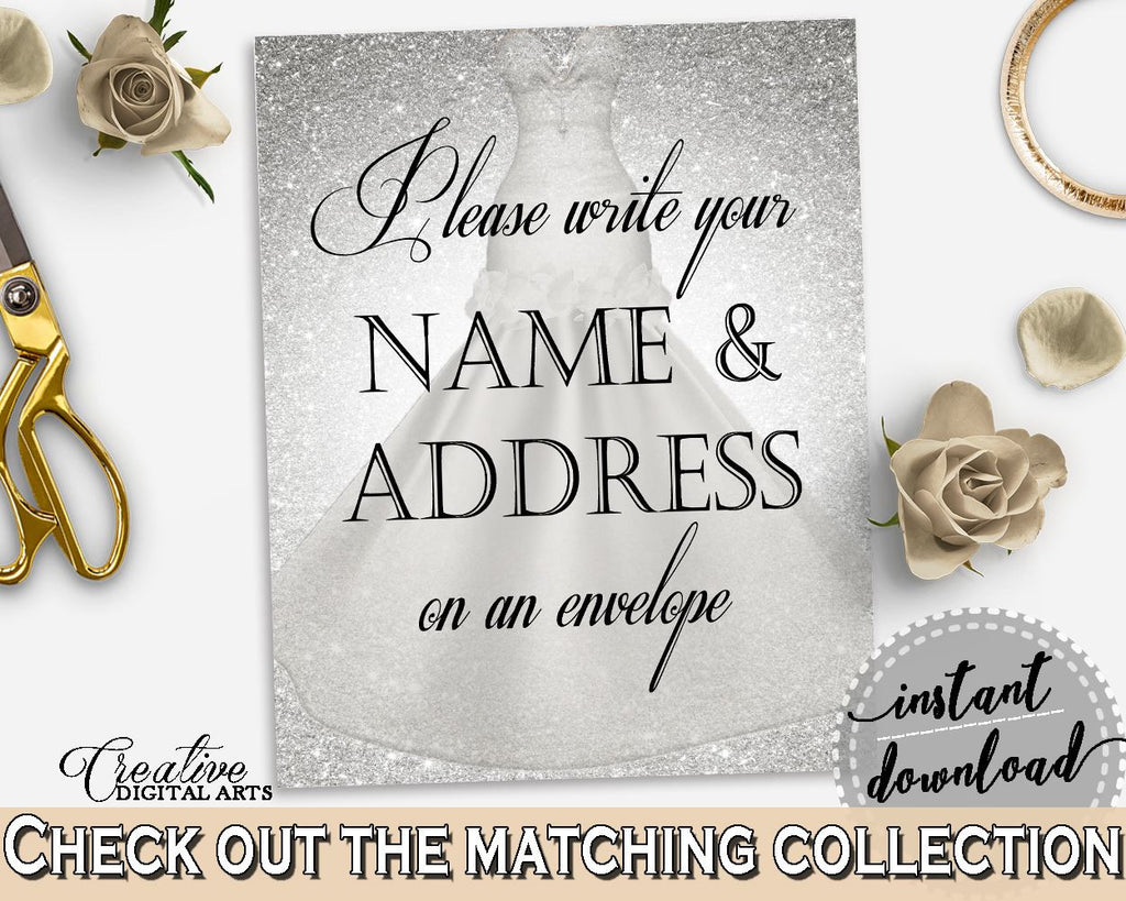 Silver And White Silver Wedding Dress Bridal Shower Theme: Write Your Name And Address Sign - envelope sign, party plan, prints - C0CS5 - Digital Product