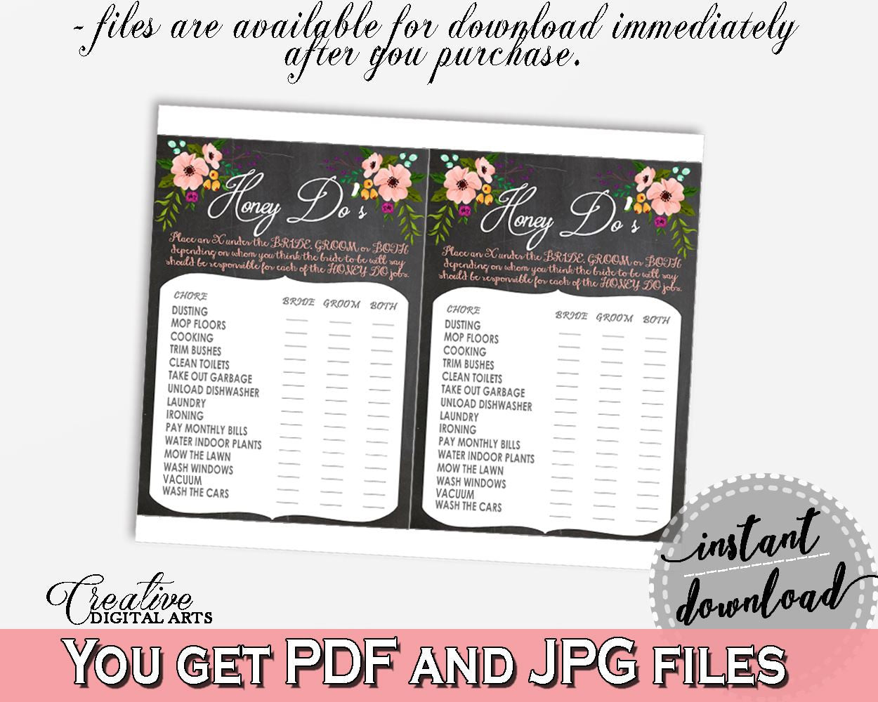 Honey Do List in Chalkboard Flowers Bridal Shower Black And Pink Theme, honey do game, black bridal shower, digital print, prints - RBZRX - Digital Product