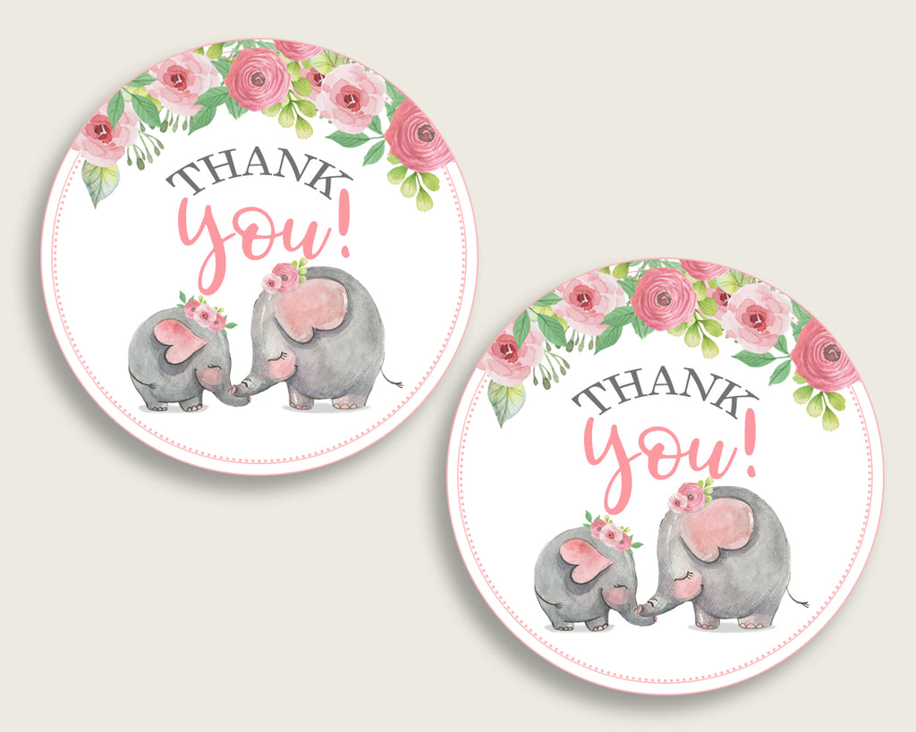 Pink Elephant Baby Shower Round Thank You Tags 2 inch Printable, Pink Grey Favor Gift Tags, Girl Shower Hang Tags Labels, Digital File ep001