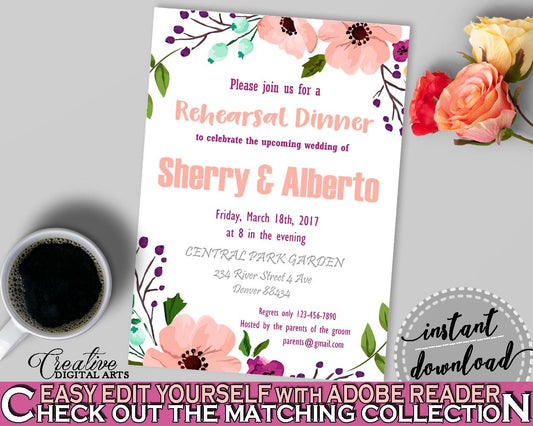 Watercolor Flowers Bridal Shower Rehearsal Dinner Invitation Editable in White And Pink, rehearsal invitation, instant download - 9GOY4 - Digital Product