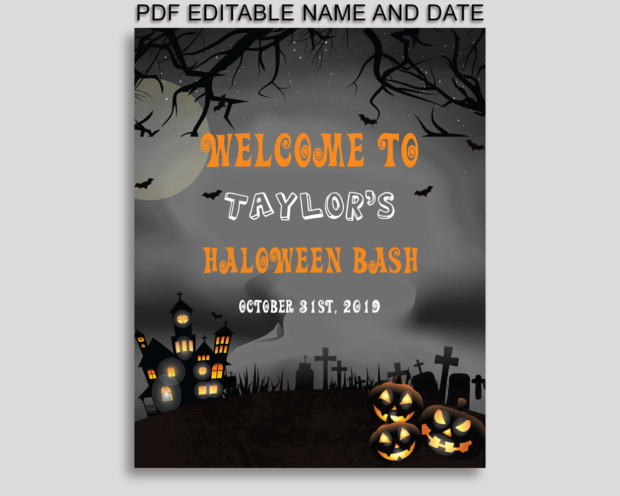 Halloween Bash Halloween Welcome Sign Printable, Black Orange Halloween Birthday Party Large Sign, Editable Welcome Sign Boy Girl, LXRNF