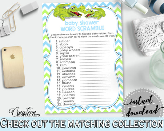 WORD SCRAMBLE baby shower game with green alligator and blue color theme, instant download - ap002