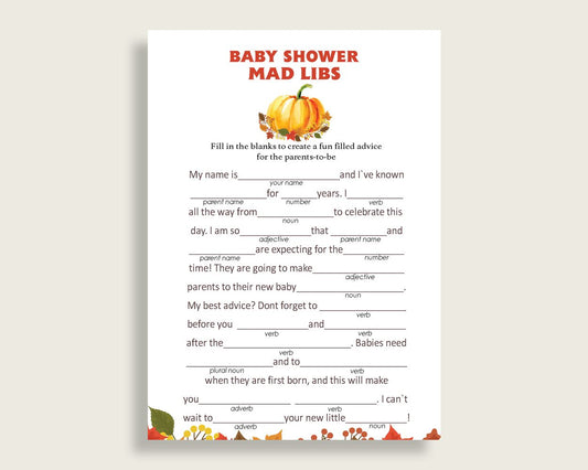 Mad Libs Baby Shower Mad Libs Fall Baby Shower Mad Libs Baby Shower Pumpkin Mad Libs Orange Brown party plan party decorations BPK3D - Digital Product