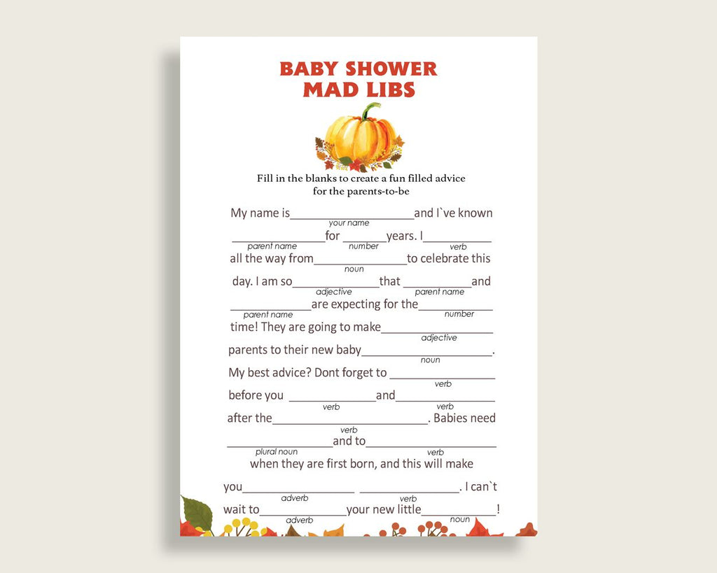 Mad Libs Baby Shower Mad Libs Fall Baby Shower Mad Libs Baby Shower Pumpkin Mad Libs Orange Brown party plan party decorations BPK3D - Digital Product