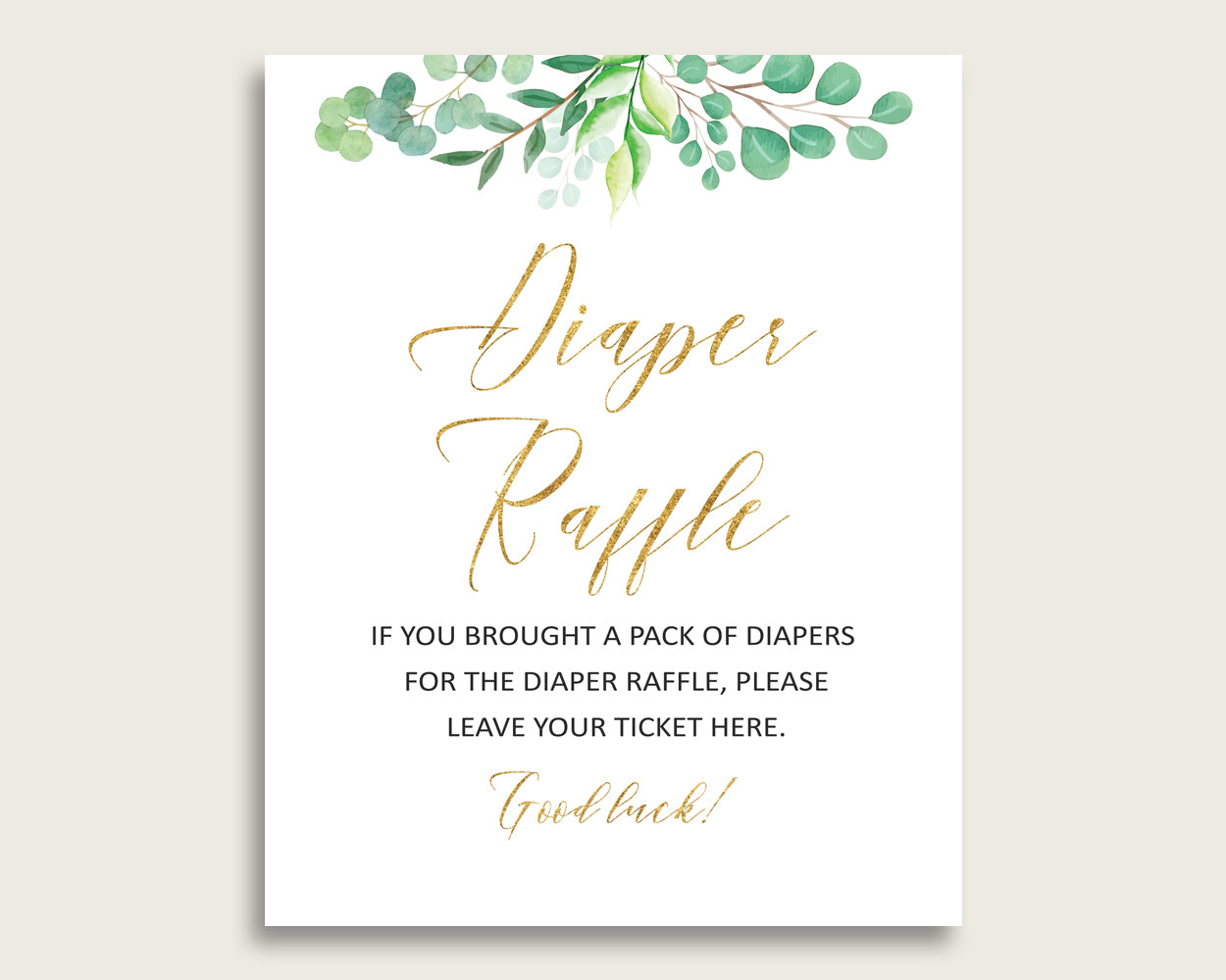 Greenery Baby Shower Diaper Raffle Tickets Game, Gender Neutral Green Gold Diaper Raffle Card Insert and Sign Printable, Instant Y8X33