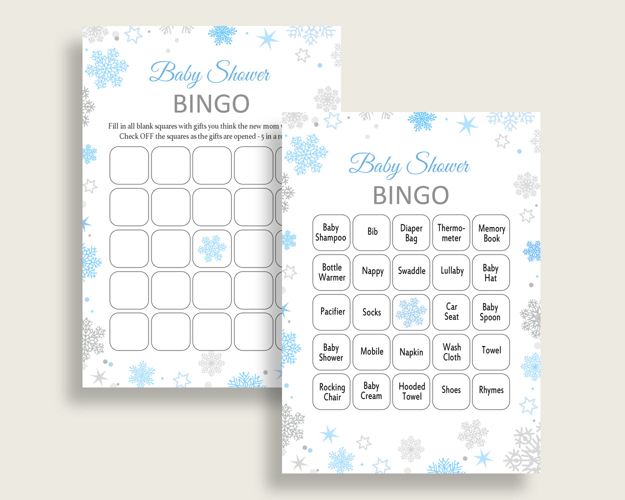 Bingo Baby Shower Bingo Snowflake Baby Shower Bingo Blue Gray Baby Shower Snowflake Bingo customizable files party theme printable NL77H