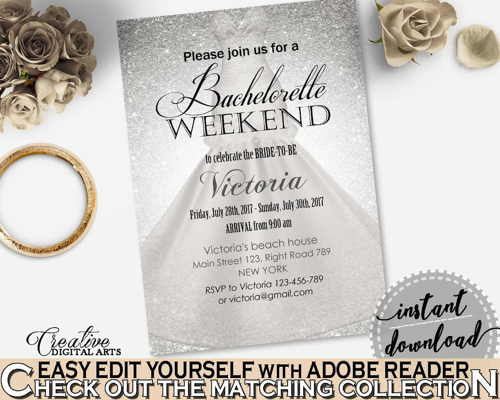 Silver Wedding Dress Bridal Shower Bachelorette Weekend Invitation Editable in Silver And White, notice, shower activity, prints - C0CS5 - Digital Product