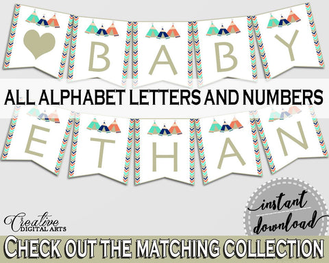 Banner Baby Shower Banner Tribal Teepee Baby Shower Banner Baby Shower Tribal Teepee Banner Green Navy party organizing - KS6AW - Digital Product