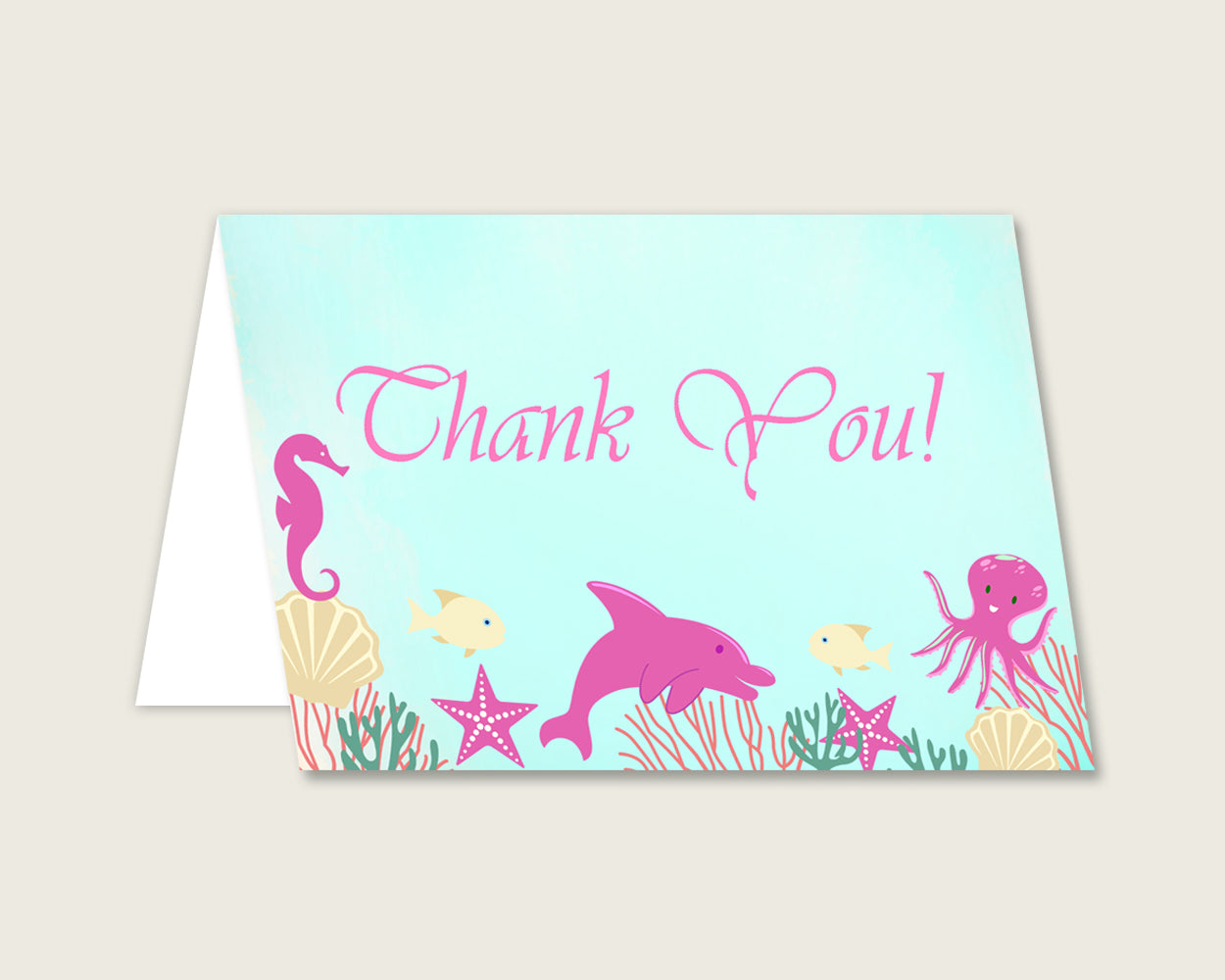 Pink Green Thank You Cards Printable, Under The Sea Baby Shower Thank You Notes, Girl Shower Thank You Folded, Instant Download, uts01