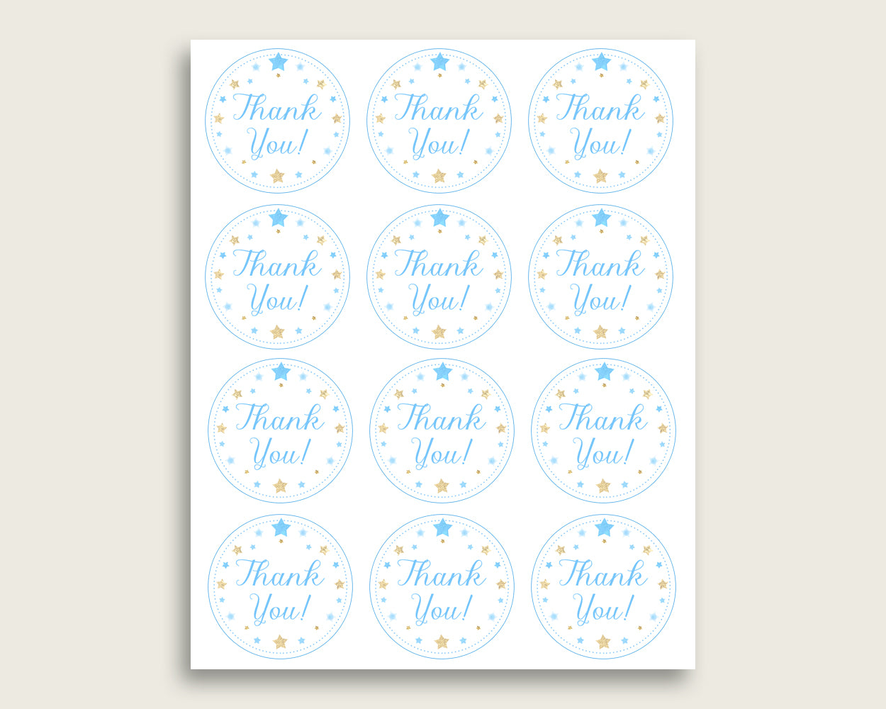 Stars Baby Shower Round Thank You Tags 2 inch Printable, Blue Gold Favor Gift Tags, Boy Shower Hang Tags Labels, Digital File bsr01