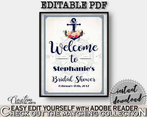Bridal Shower Welcome Sign Editable in Nautical Anchor Flowers Bridal Shower Navy Blue Theme, welcome to shower, digital print - 87BSZ - Digital Product