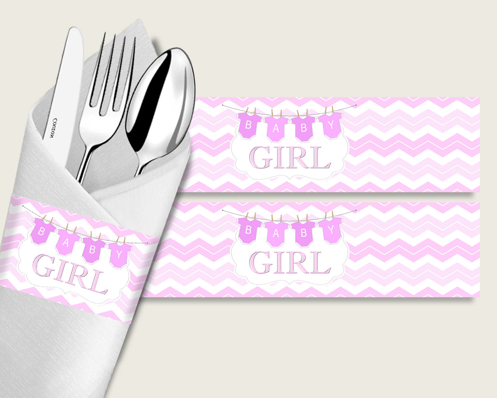 Chevron Baby Shower Napkin Rings Printable, Pink White Napkin Wrappers, Girl Shower Utensils Wrap, Instant Download, Zig Zag Theme cp001