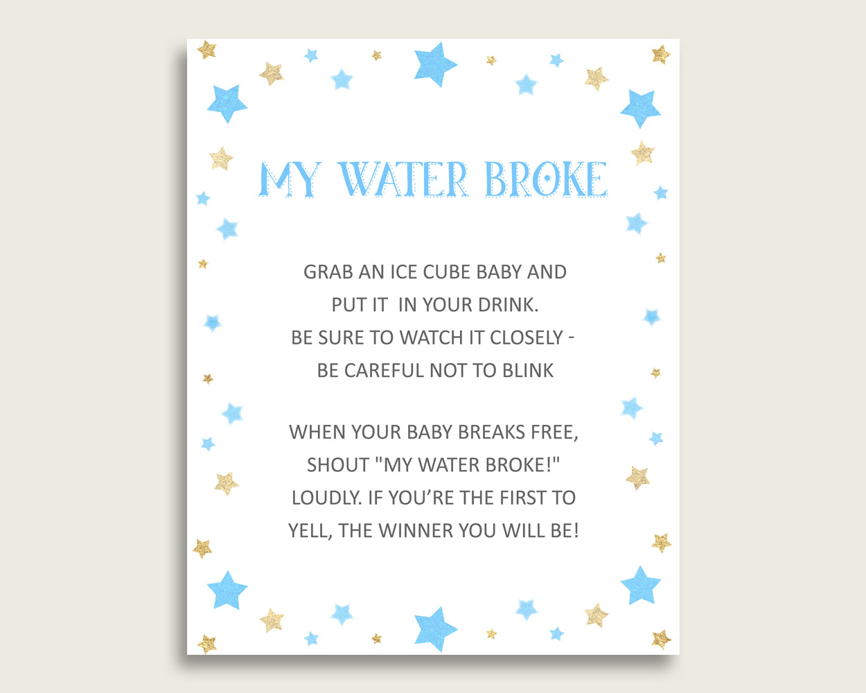 Stars Baby Shower My Water Broke Game Printable, Blue Gold Ice Cube Babies Game, Boy Baby Shower Frozen Babies Game Sign 8x10, Instant bsr01