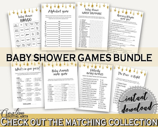 Games Baby Shower Games Gold Arrows Baby Shower Games Baby Shower Gold Arrows Games Gold White party planning - I60OO - Digital Product