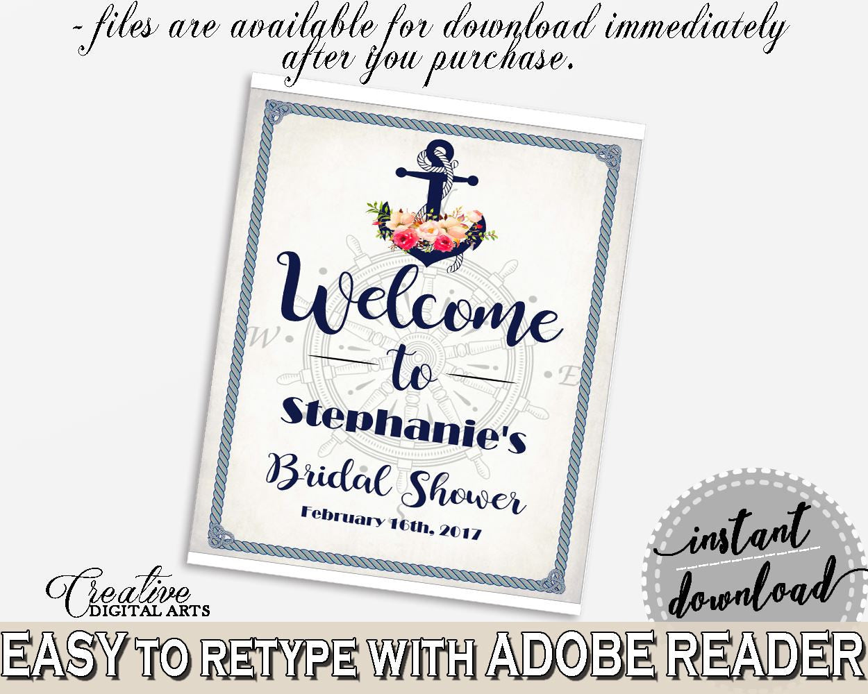 Bridal Shower Welcome Sign Editable in Nautical Anchor Flowers Bridal Shower Navy Blue Theme, welcome to shower, digital print - 87BSZ - Digital Product