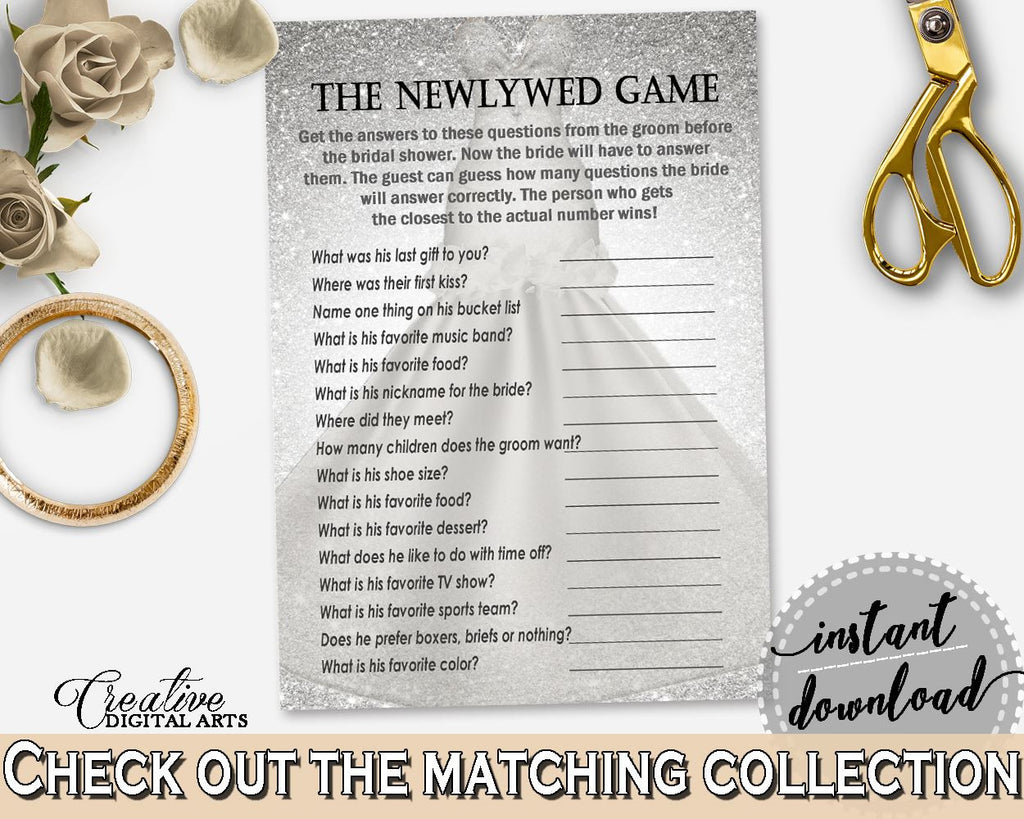 Silver And White Silver Wedding Dress Bridal Shower Theme: The Newlywed Game - what did the groom, crystal bridal, printable files - C0CS5 - Digital Product