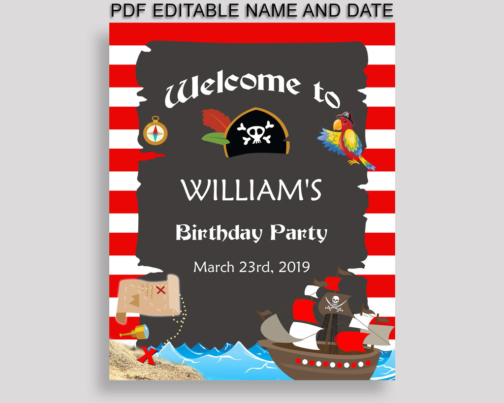 Boy Welcome Birthday Sign Pirate Decoration Sign Red Black Printable P –  Studio 118