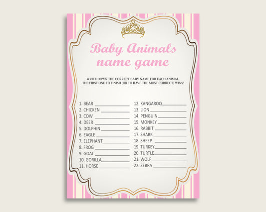 Royal Princess Name The Baby Animals Game Printable, Pink Gold Baby Shower Animal Game, Girl Baby Shower, Instant Download, Glamorous, rp002