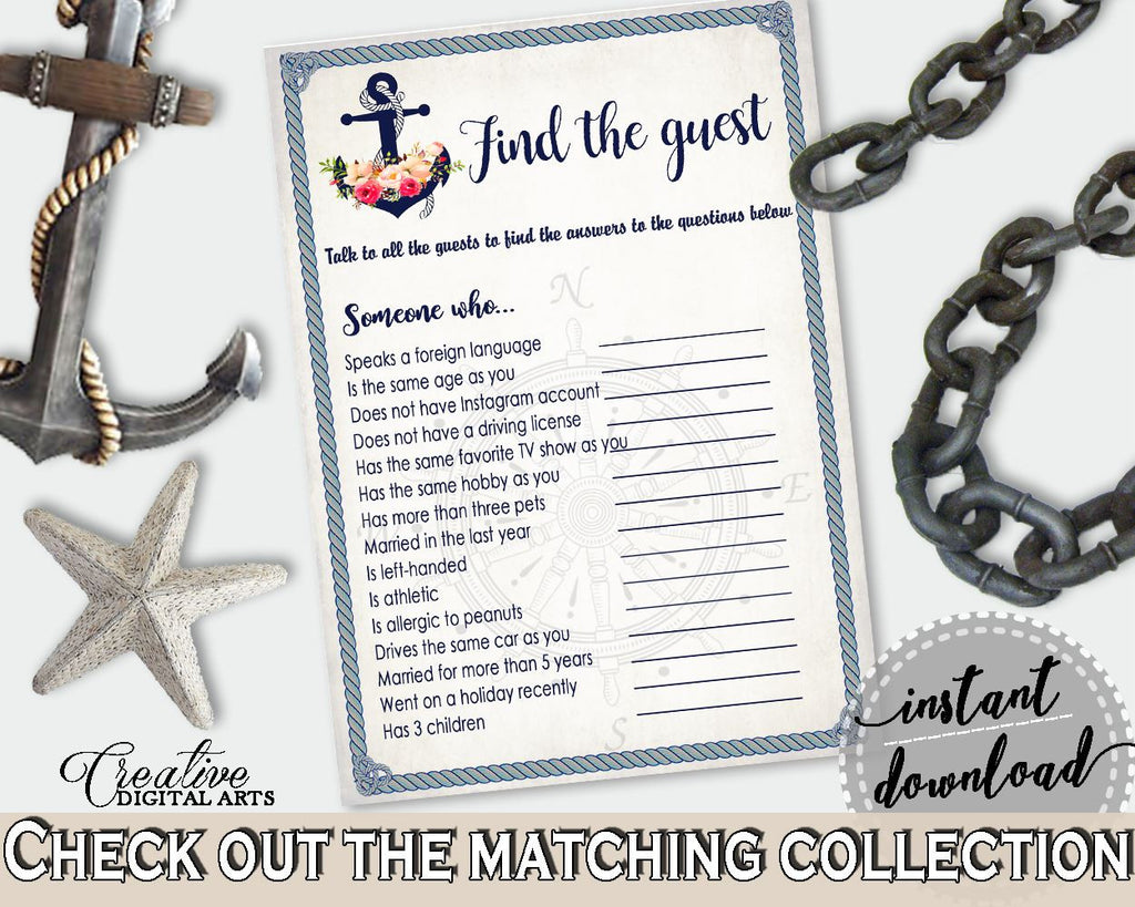 Find The Guest Game in Nautical Anchor Flowers Bridal Shower Navy Blue Theme, search guest, nautical rope, printables, prints - 87BSZ - Digital Product