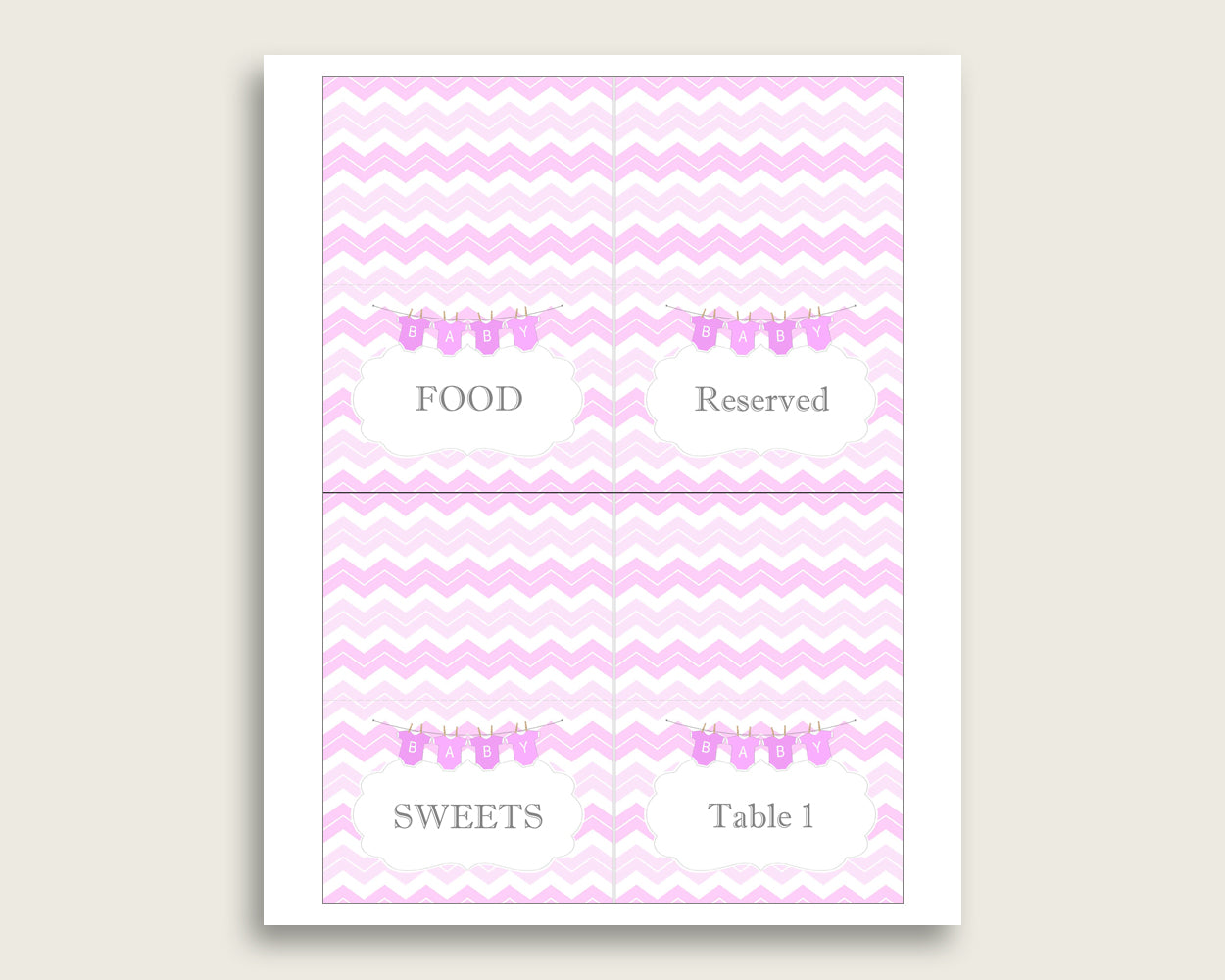 Chevron Folded Food Tent Cards Printable, Pink White Editable Pdf Buffet Labels, Girl Baby Shower Food Place Cards, Instant Download, cp001