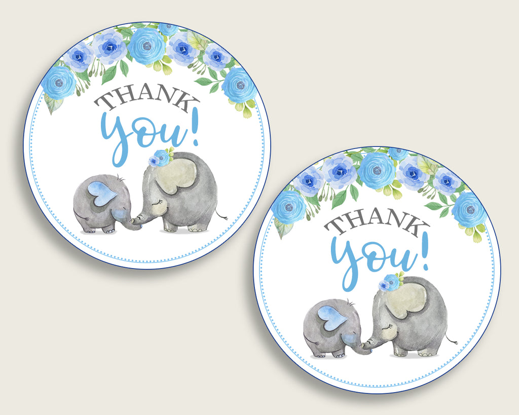 Elephant Blue Baby Shower Round Thank You Tags 2 inch Printable, Blue Gray Favor Gift Tags, Boy Shower Hang Tags Labels, Digital File ebl01