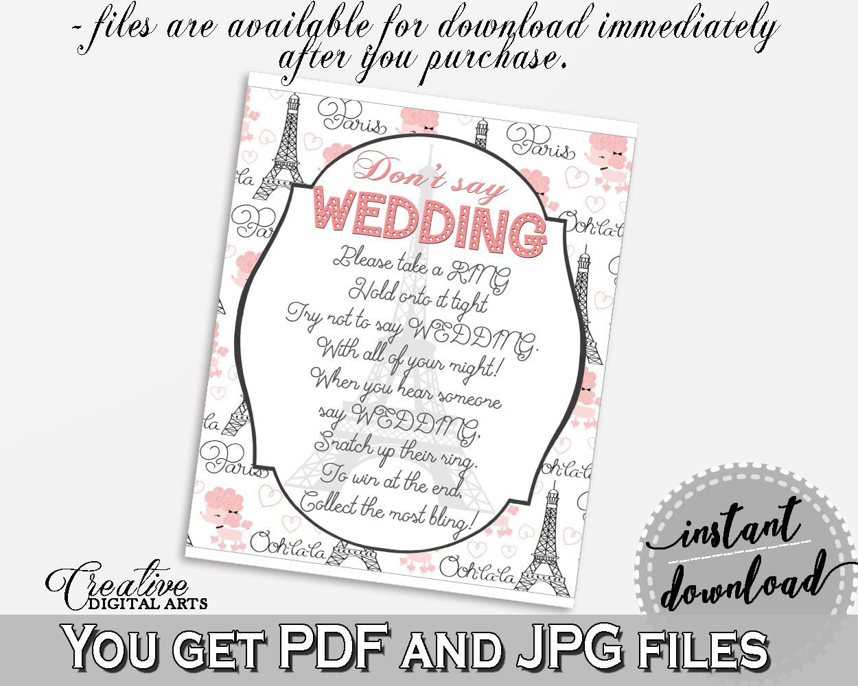 Don't Say Wedding Game in Paris Bridal Shower Pink And Gray Theme, the word wedding, ooh la la shower, prints, digital print - NJAL9 - Digital Product