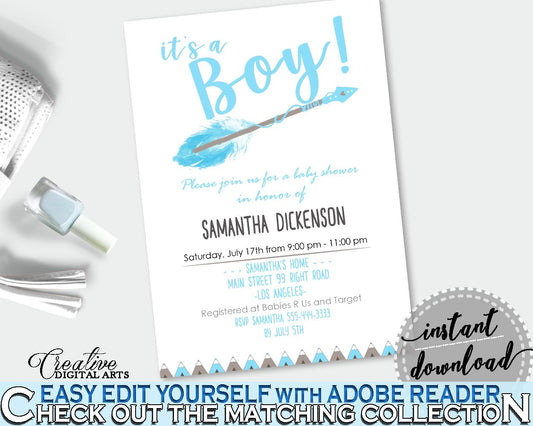 Invitation Baby Shower Invitation Aztec Baby Shower Invitation Blue White Baby Shower Aztec Invitation prints, digital print, party QAQ18 - Digital Product