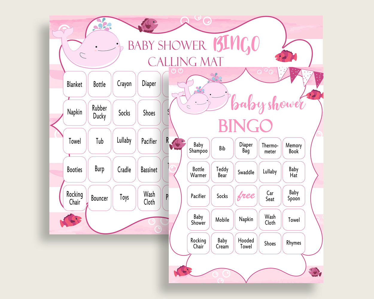 Pink Whale Baby Shower Bingo Cards Printable, Pink White Baby Shower Girl, 60 Prefilled Bingo Game Cards, Sea Animals Baby Whale wbl02