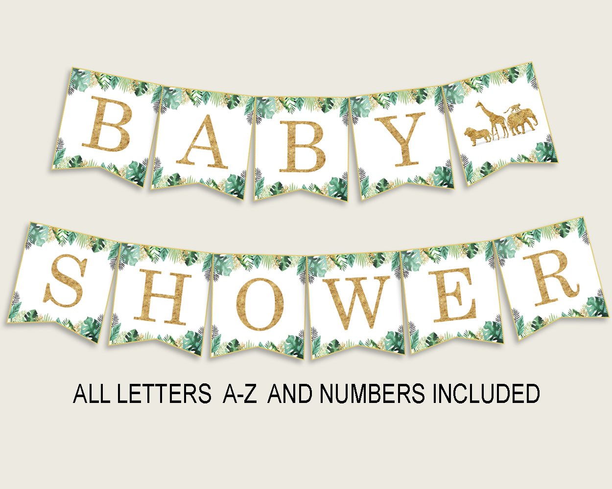 Jungle Baby Shower Banner All Letters, Birthday Party Banner Printable A-Z, Gold Green Banner Decoration Letters Gender Neutral, EJRED